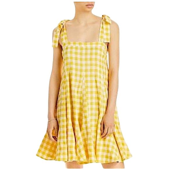 Aqua Dresses & Skirts - AQUA Butter Yellow Gingham Tie Shoulder Mini Dress S Cottagecore Picniccore